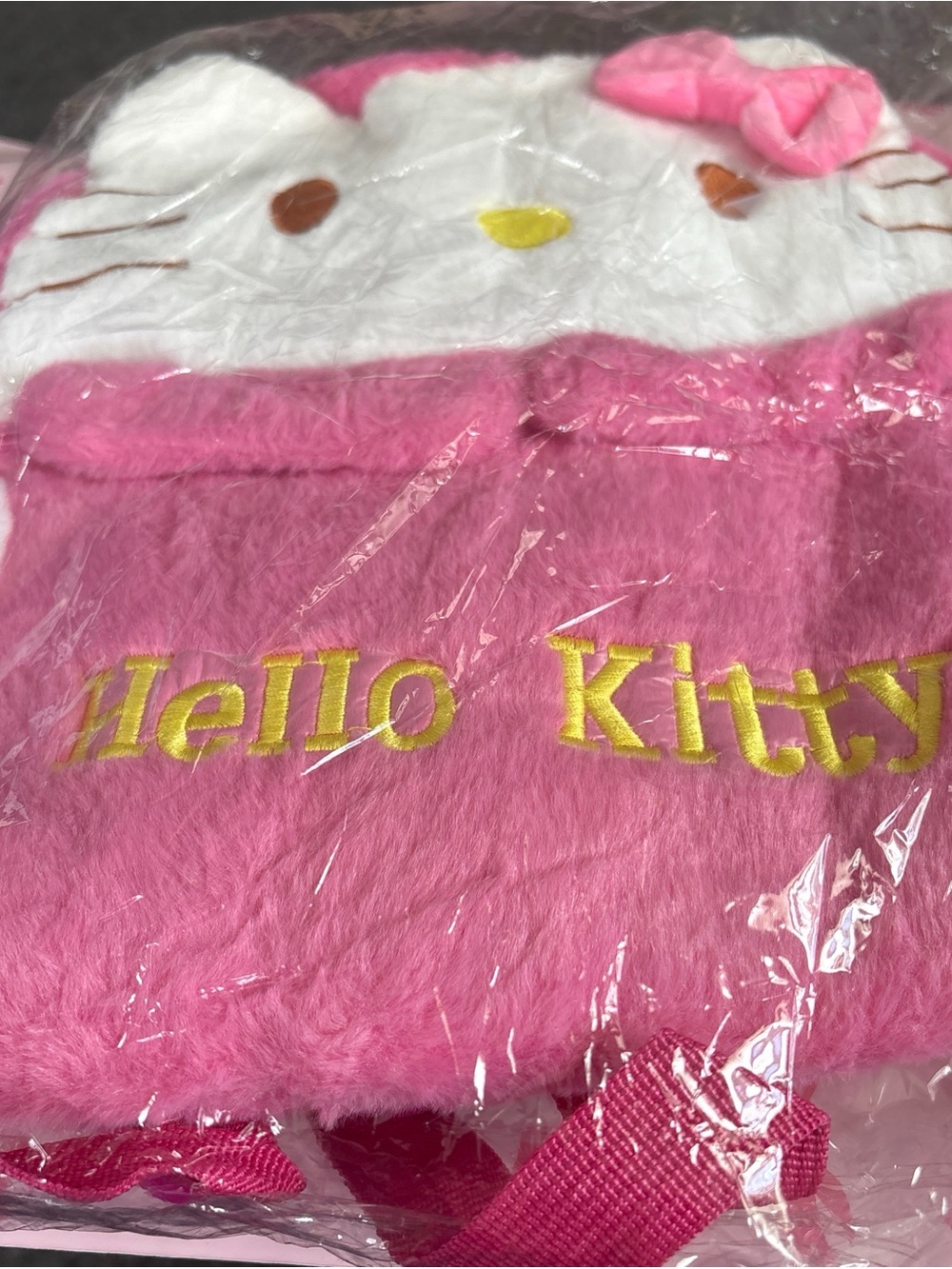 Hello Kitty Pink and White Plush Backpack with Yellow Embroidery
